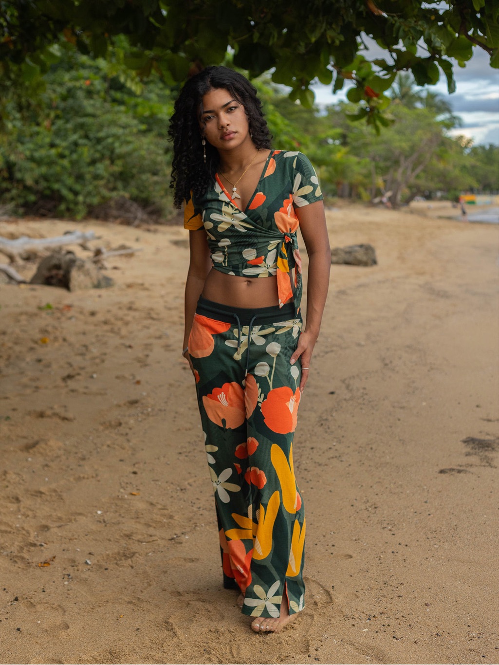 Happy Earth Organic Cotton Paradise Set Wrap Crop Top And Wide Leg Pants Size S
